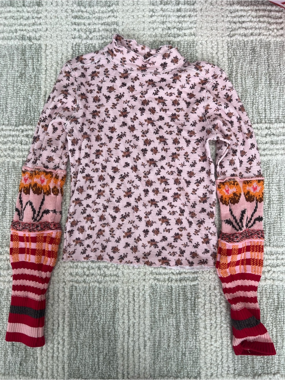 We The Free Pink Floral Ruffle-Edge Knit Top